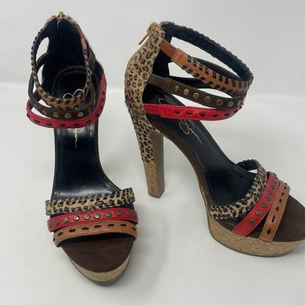 Jessica Simpson Partie cork and leather leopard platform heels women's 8
